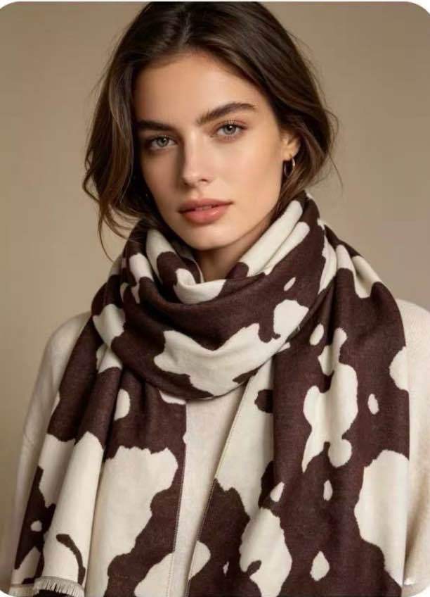 Brown &amp; Cream Cow Print Woven Scarf