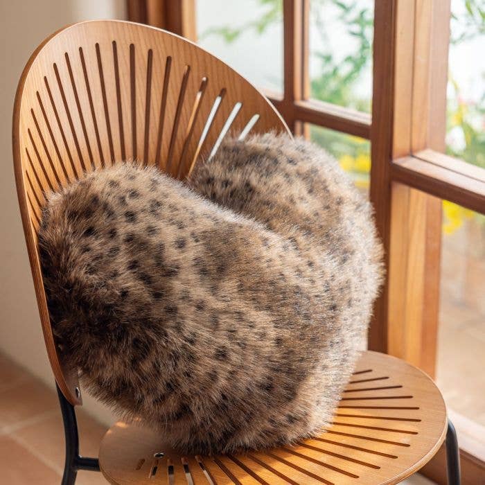 Brown Cheetah Print Fluffy Faux Fur Heart Cushion