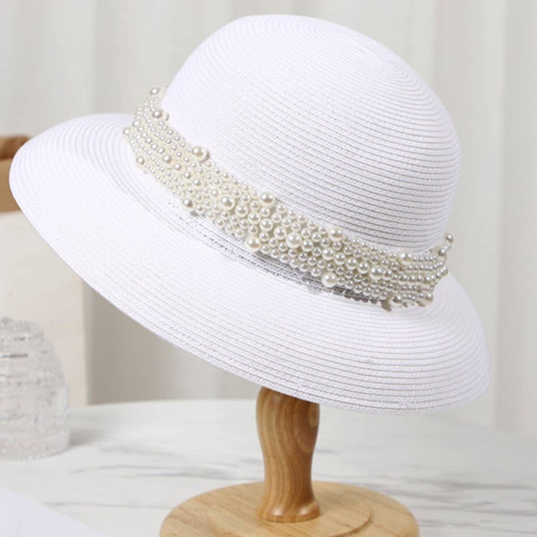 White Pearl Embellished Straw Sun Beach Hat