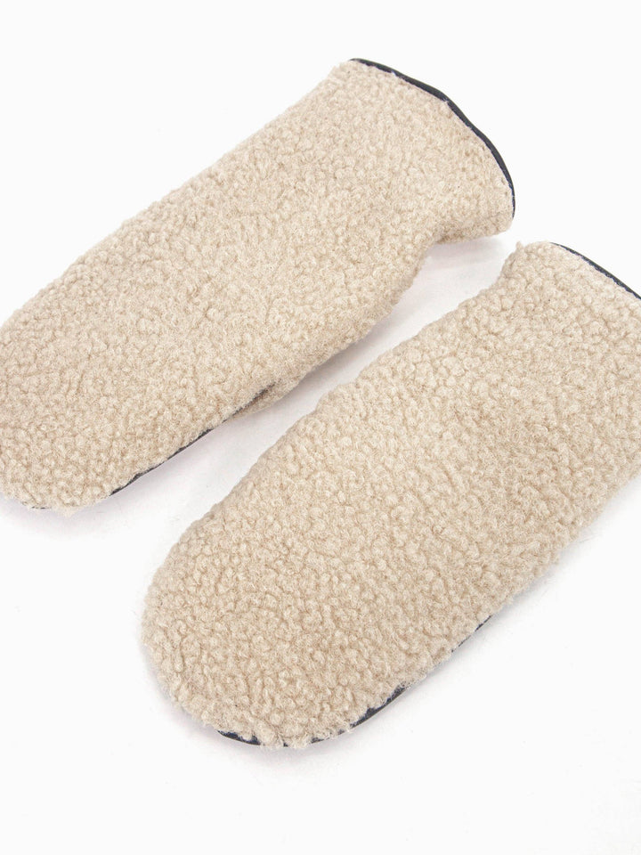 Beige & Black Faux Shearling Mitten Gloves