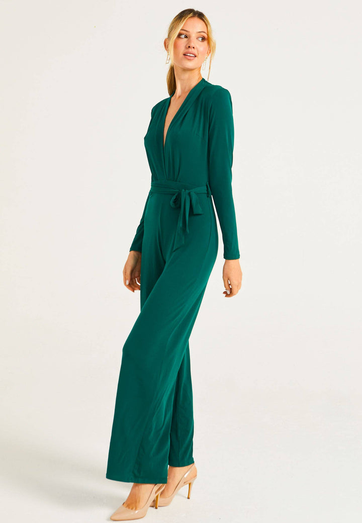 Green V-Neck Wide Leg Jumpsuit With Long Sleeves