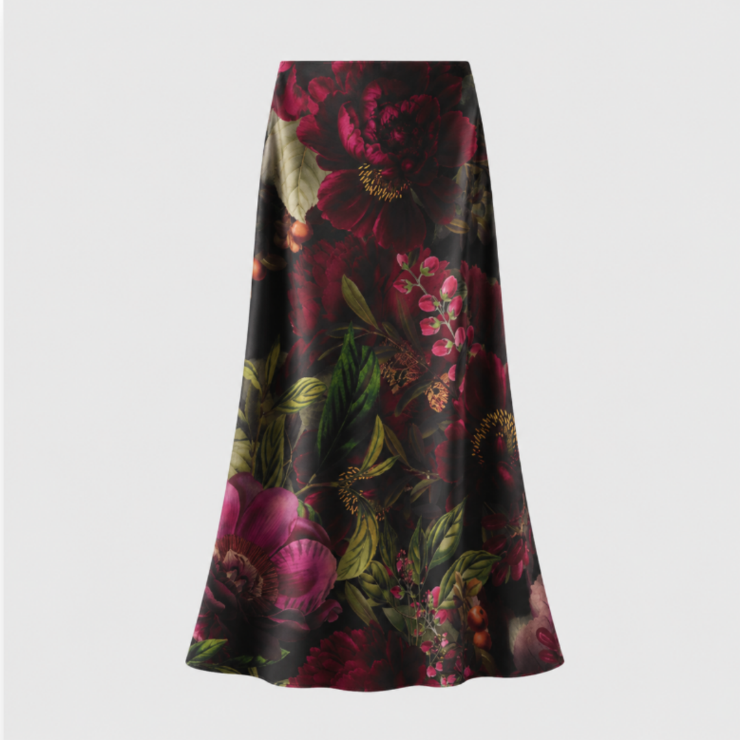 Wine Floral Print Satin Slip Skirt