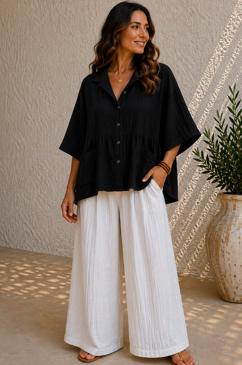 Black Crinkle Button-Through Relaxed Cotton Shirt