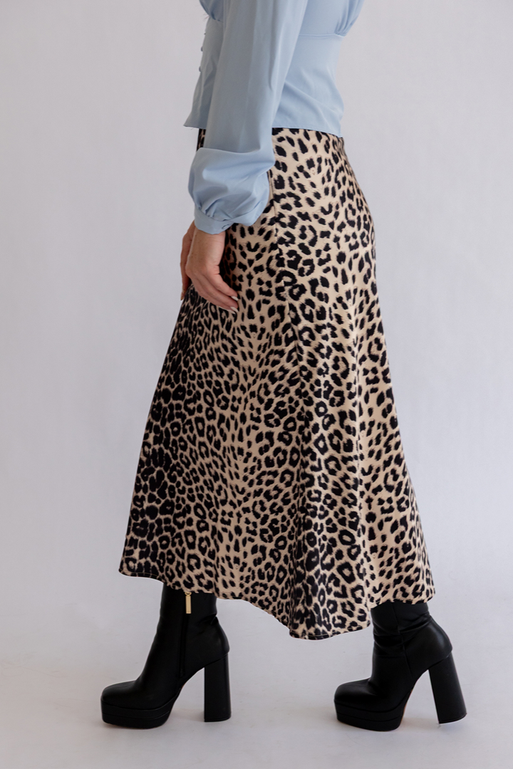 Brown Leopard Print A-Line Satin Slip Skirt