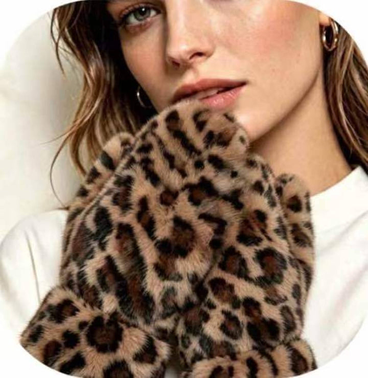 Leopard Print Faux Fur Mittens