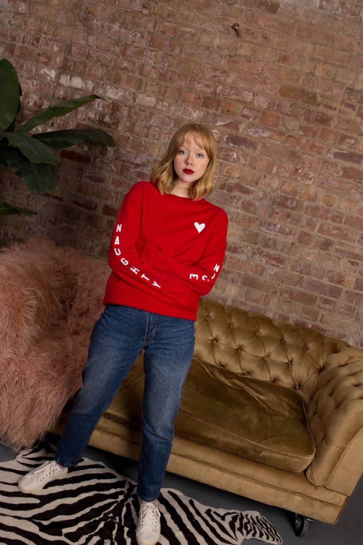 Red Naughty or Nice Sleeve Christmas Jumper