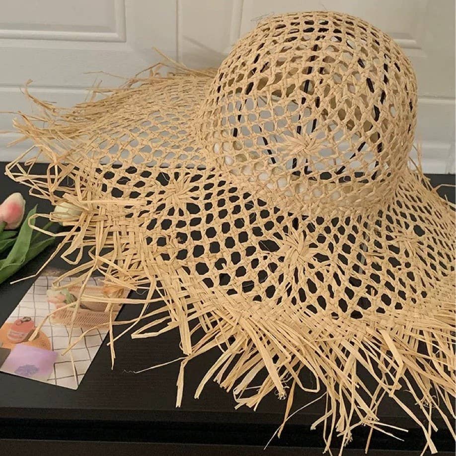 Oversized Frayed Straw Beach Hat