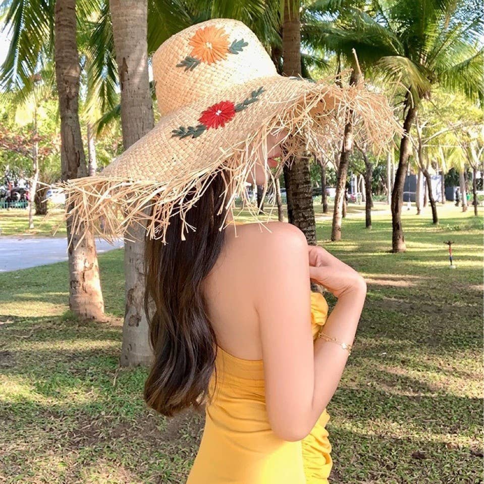 Floral Embroidered Straw Sun Hat