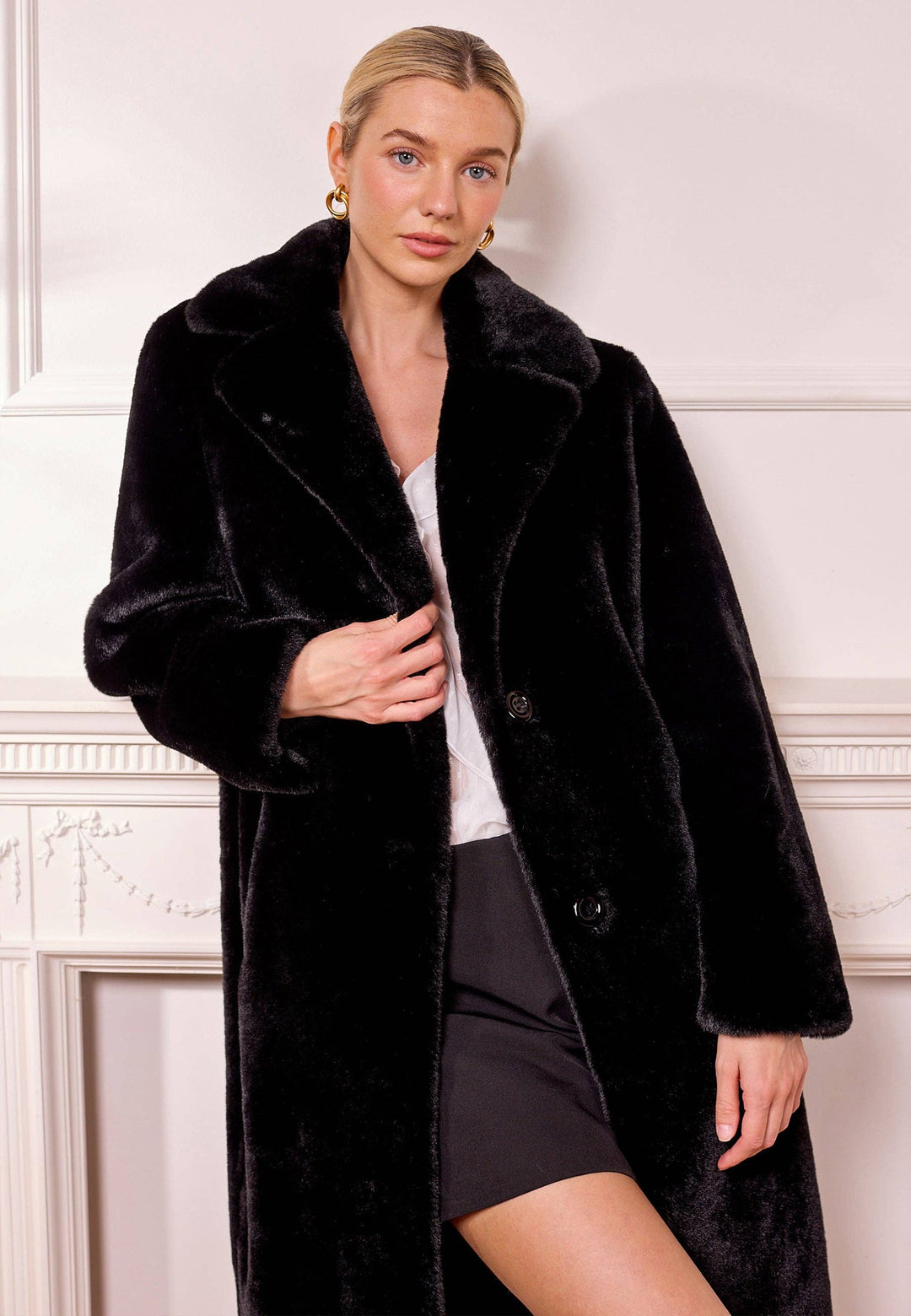 Black Longline Faux Fur Coat