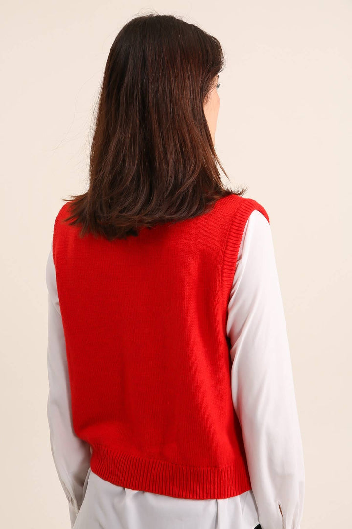 Wool Blend Button Through Red Sleeveless Waistcoat
