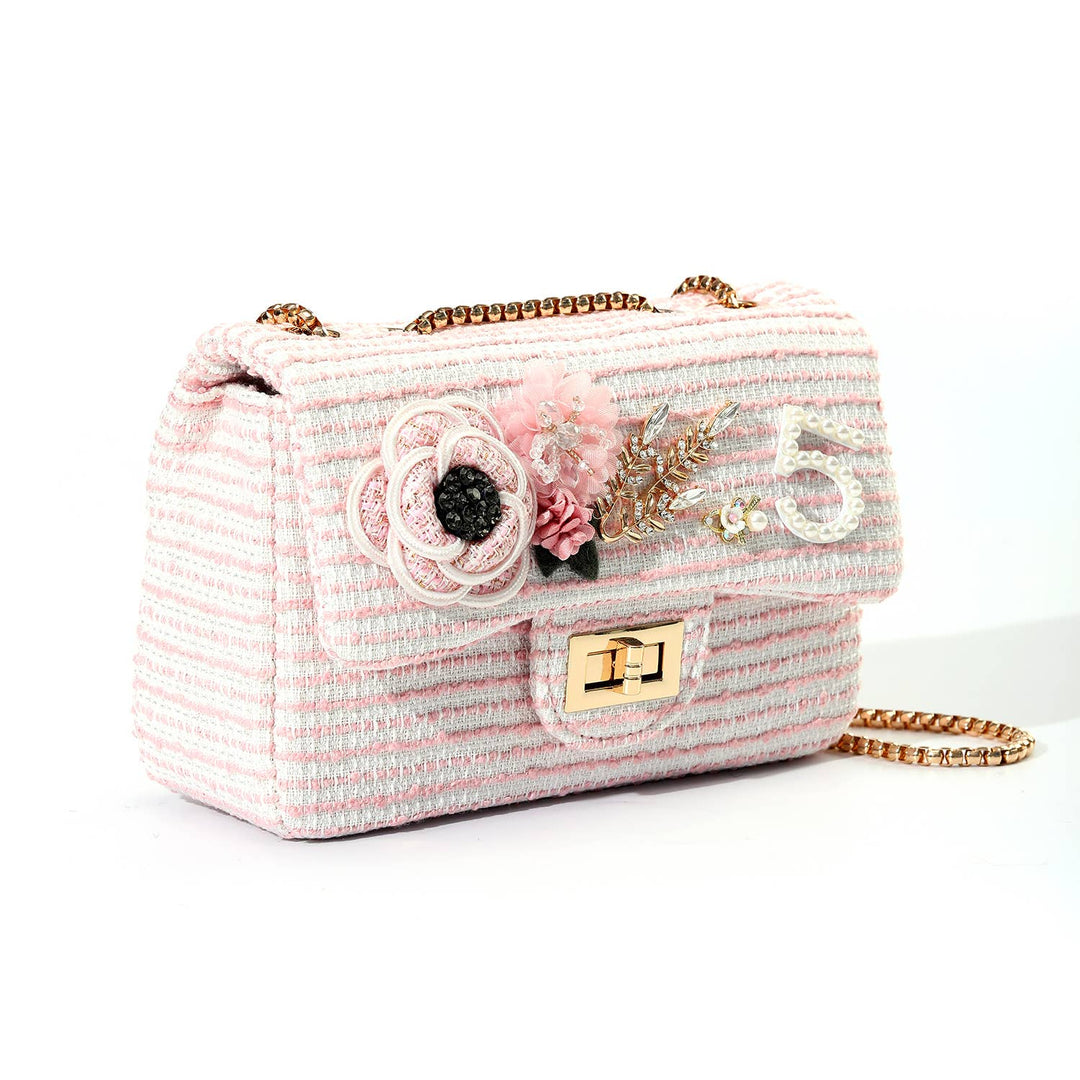 Pink Embelished Flower 5 Tweed Bag