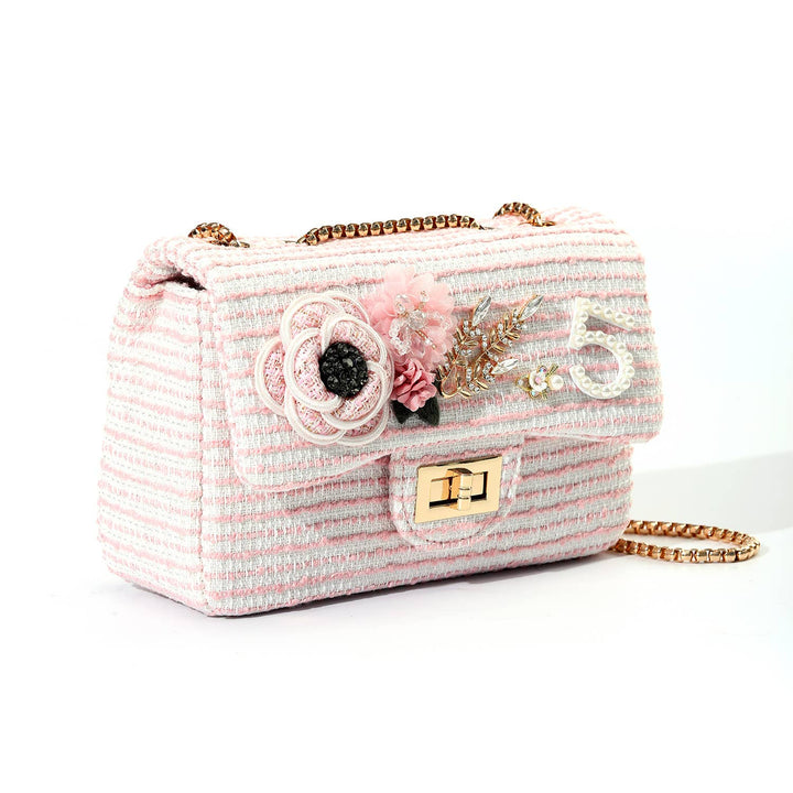 Pink Embelished Flower 5 Tweed Bag