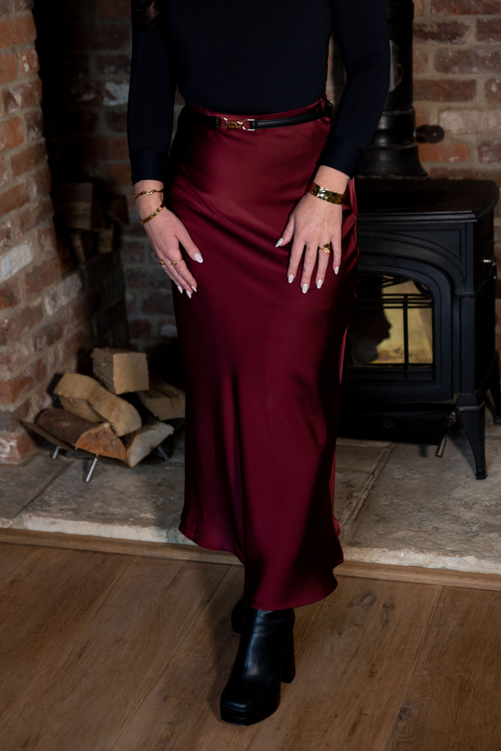 Wine Satin A-Line Slip Skirt