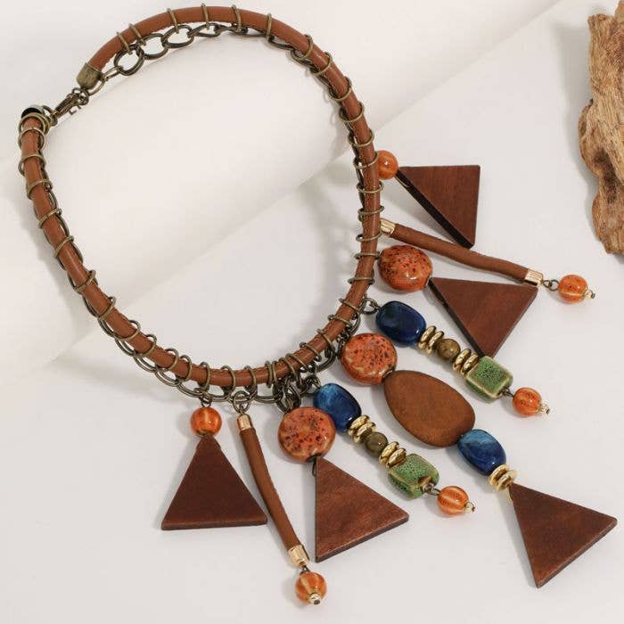 Festival Wooden Geometric Statement Necklace