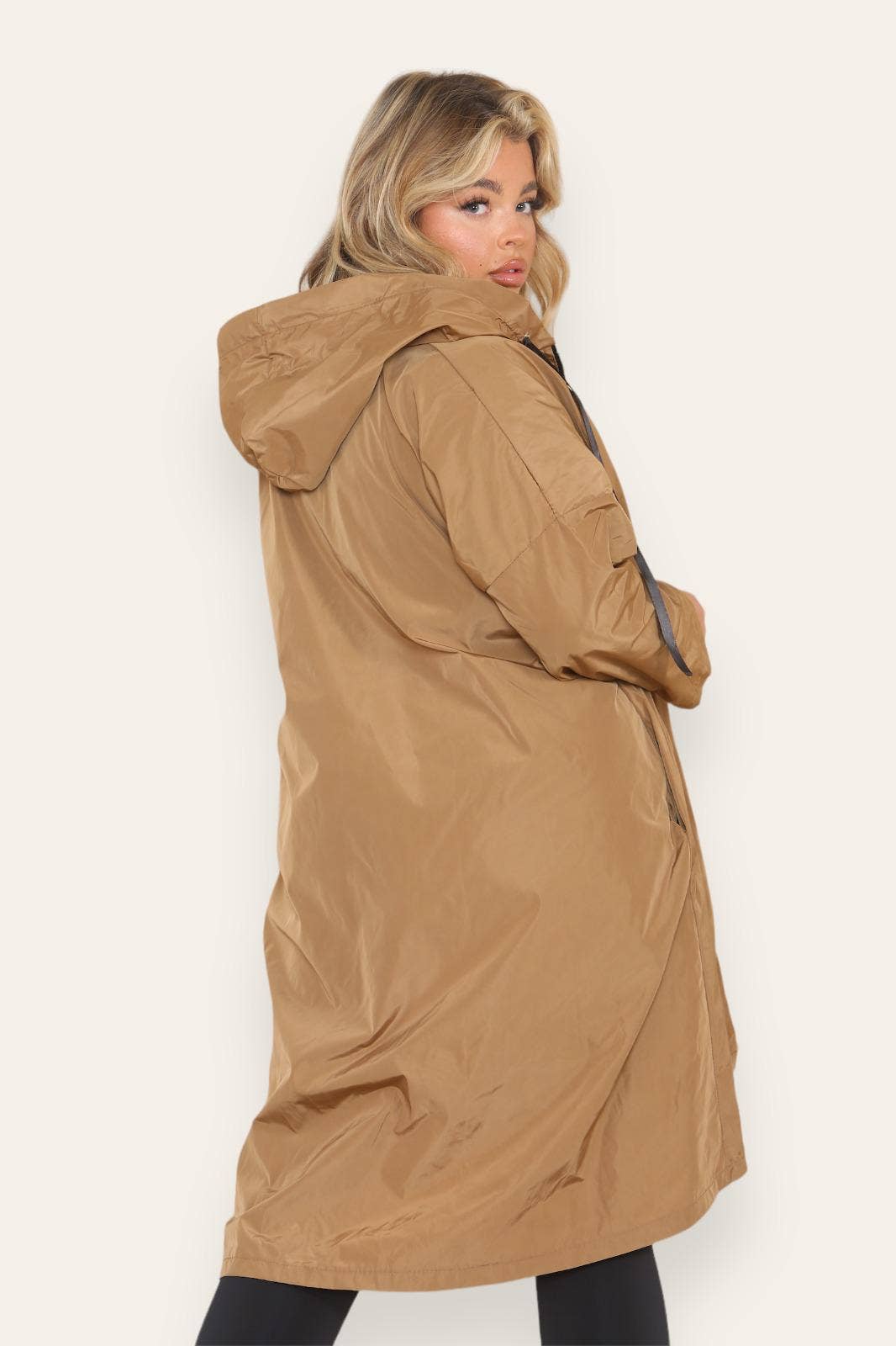 Oversized Showerproof Hooded Rain Mac Camel Experience Boutique