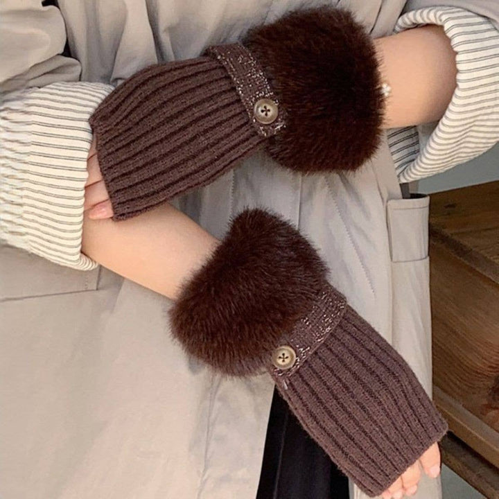 Chocolate Faux Fur Knit Fingerless Button Gloves