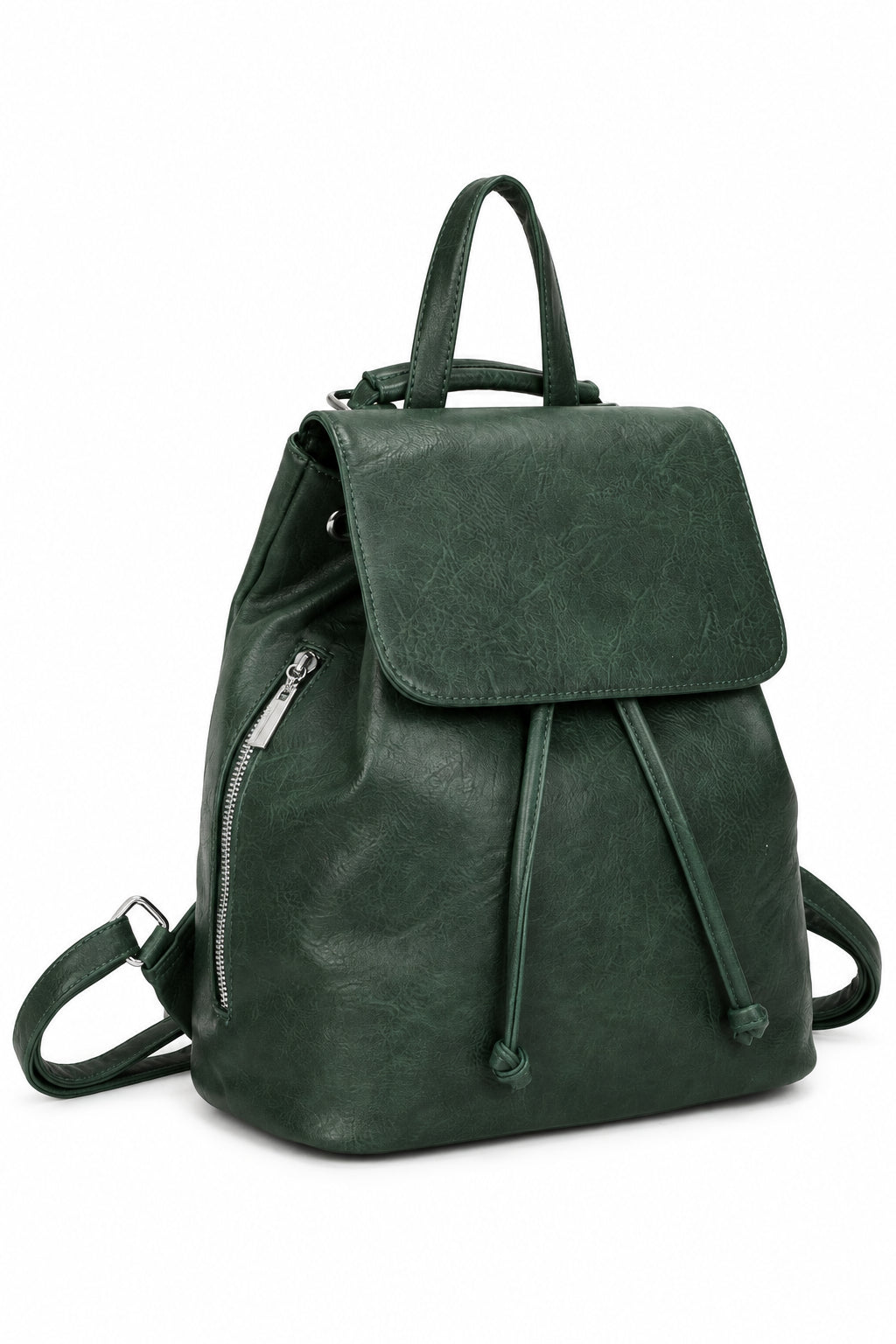 Green leather backpack on a white background