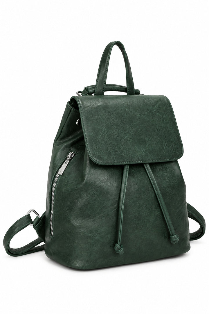 Green leather backpack on a white background