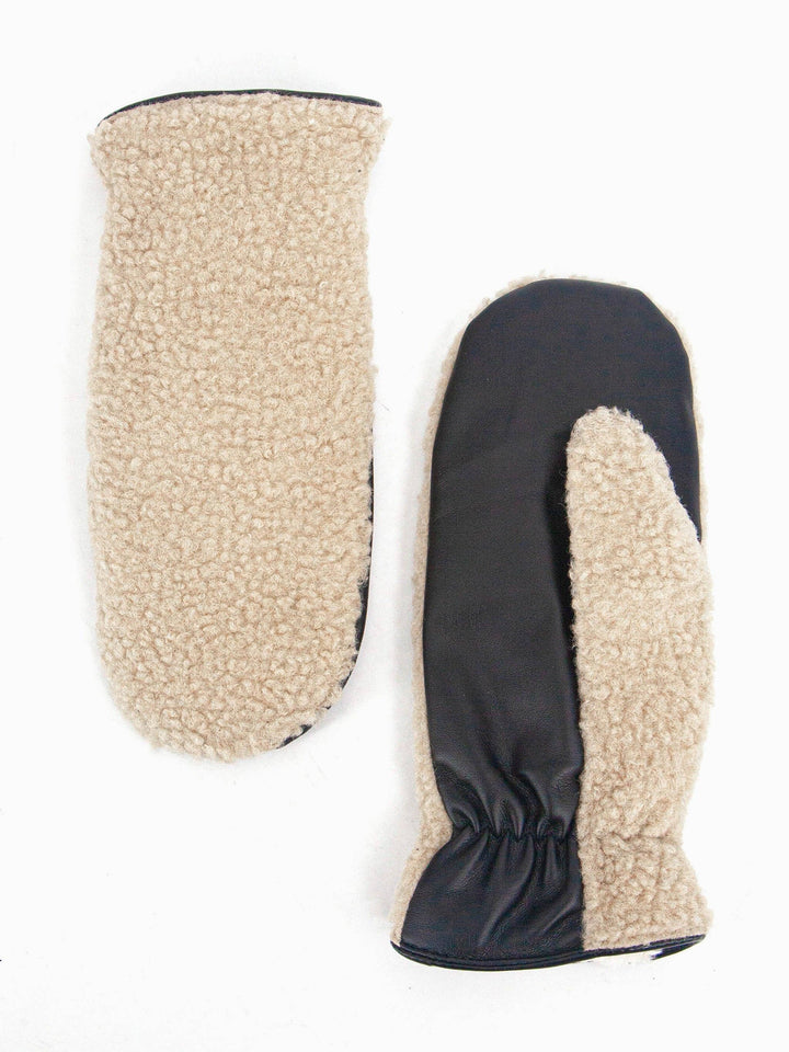 Beige & Black Faux Shearling Mitten Gloves