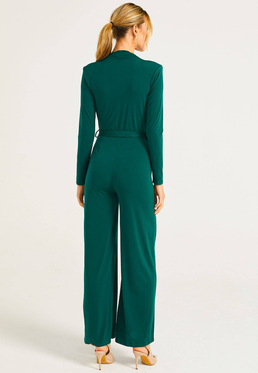 Green V-Neck Wide Leg Jumpsuit With Long Sleeves