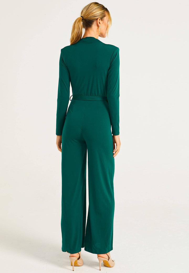 Green V-Neck Wide Leg Jumpsuit With Long Sleeves