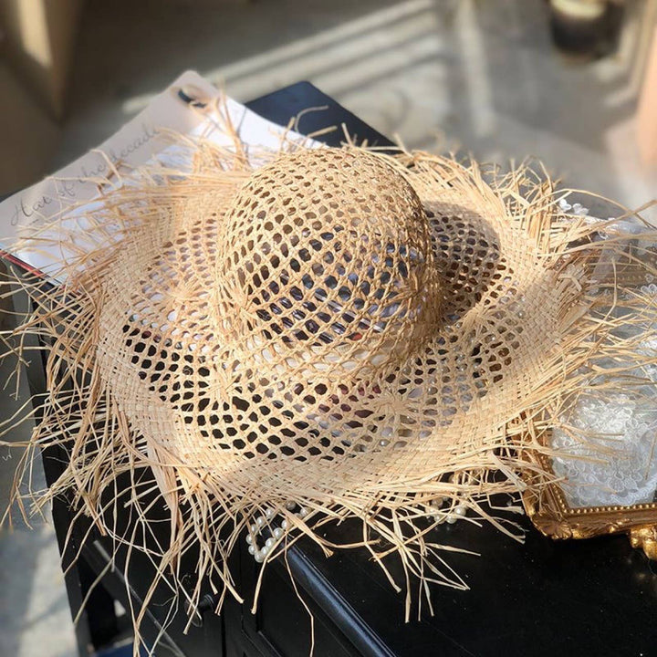 Oversized Frayed Straw Beach Hat
