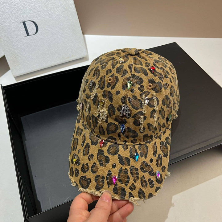 Taupe Jewelled Leopard Print Fashion Cap