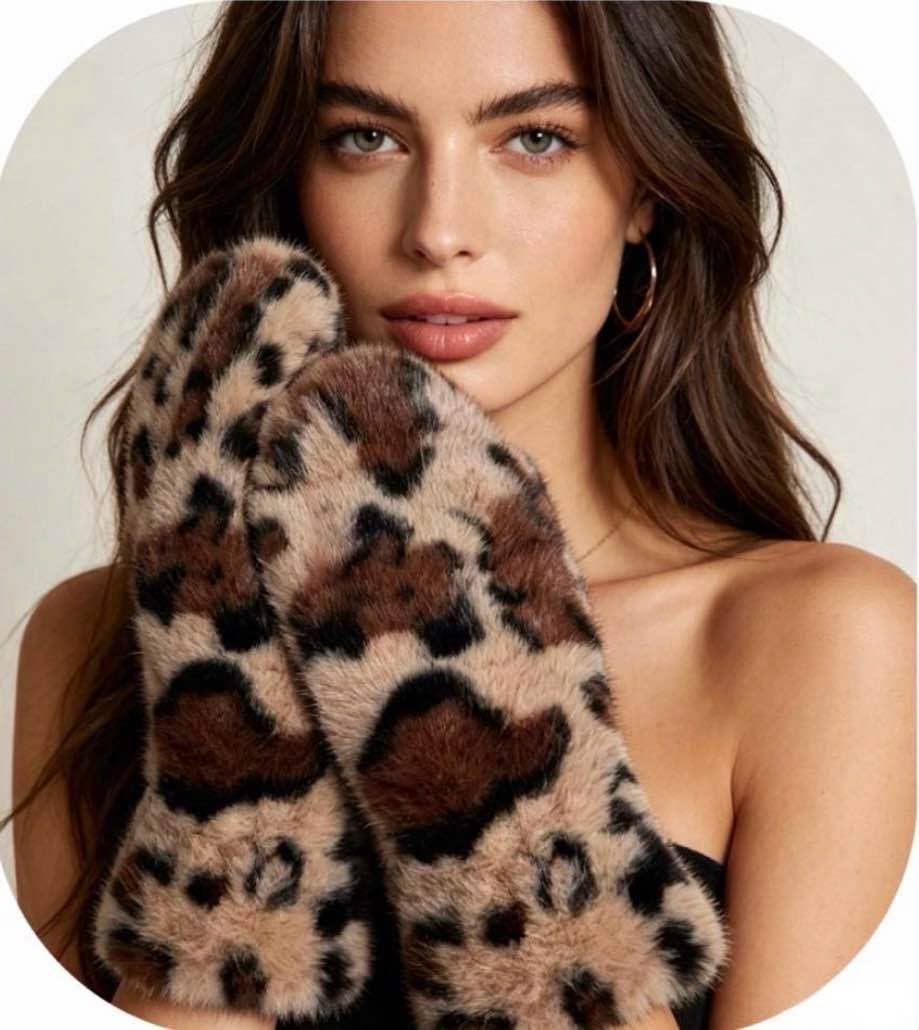 Leopard Print Faux Fur Mittens