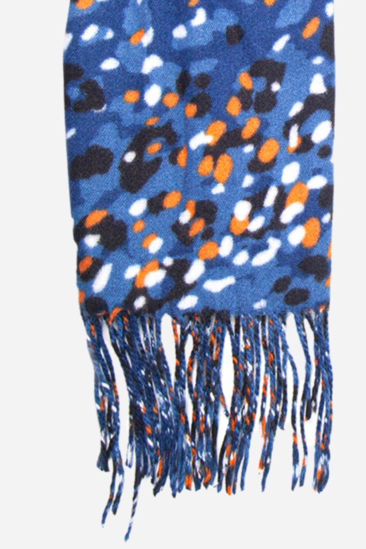 Blue Animal Print Scarf with Tassels