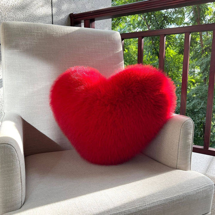 Red Soft Faux Fox Fur Heart Pillow