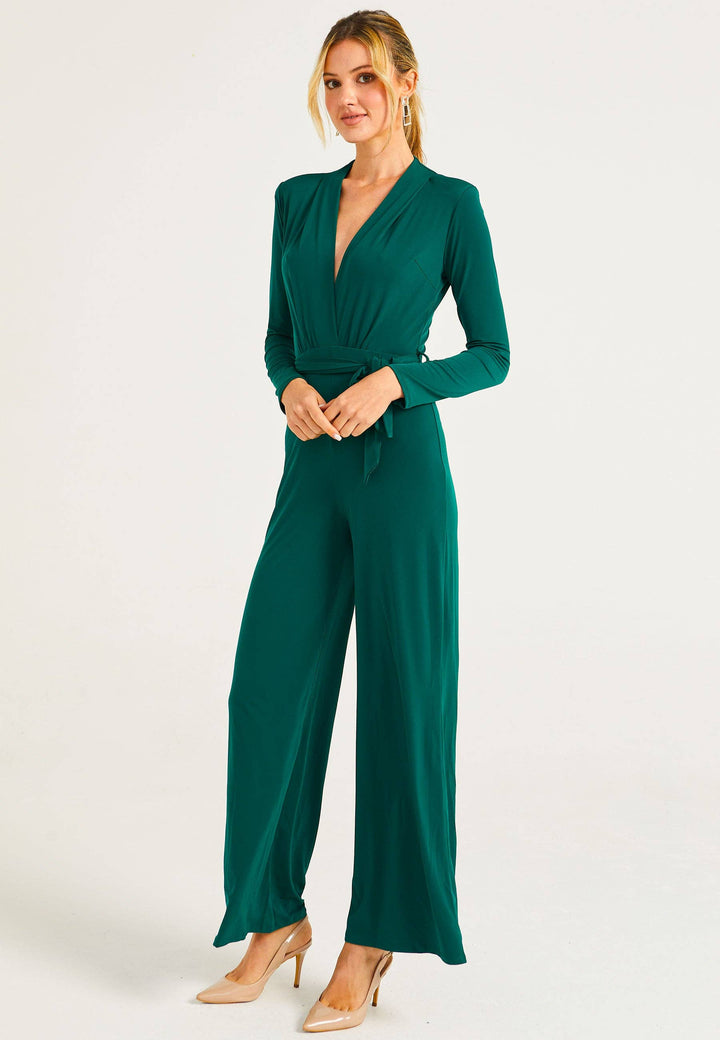 Green V-Neck Wide Leg Jumpsuit With Long Sleeves