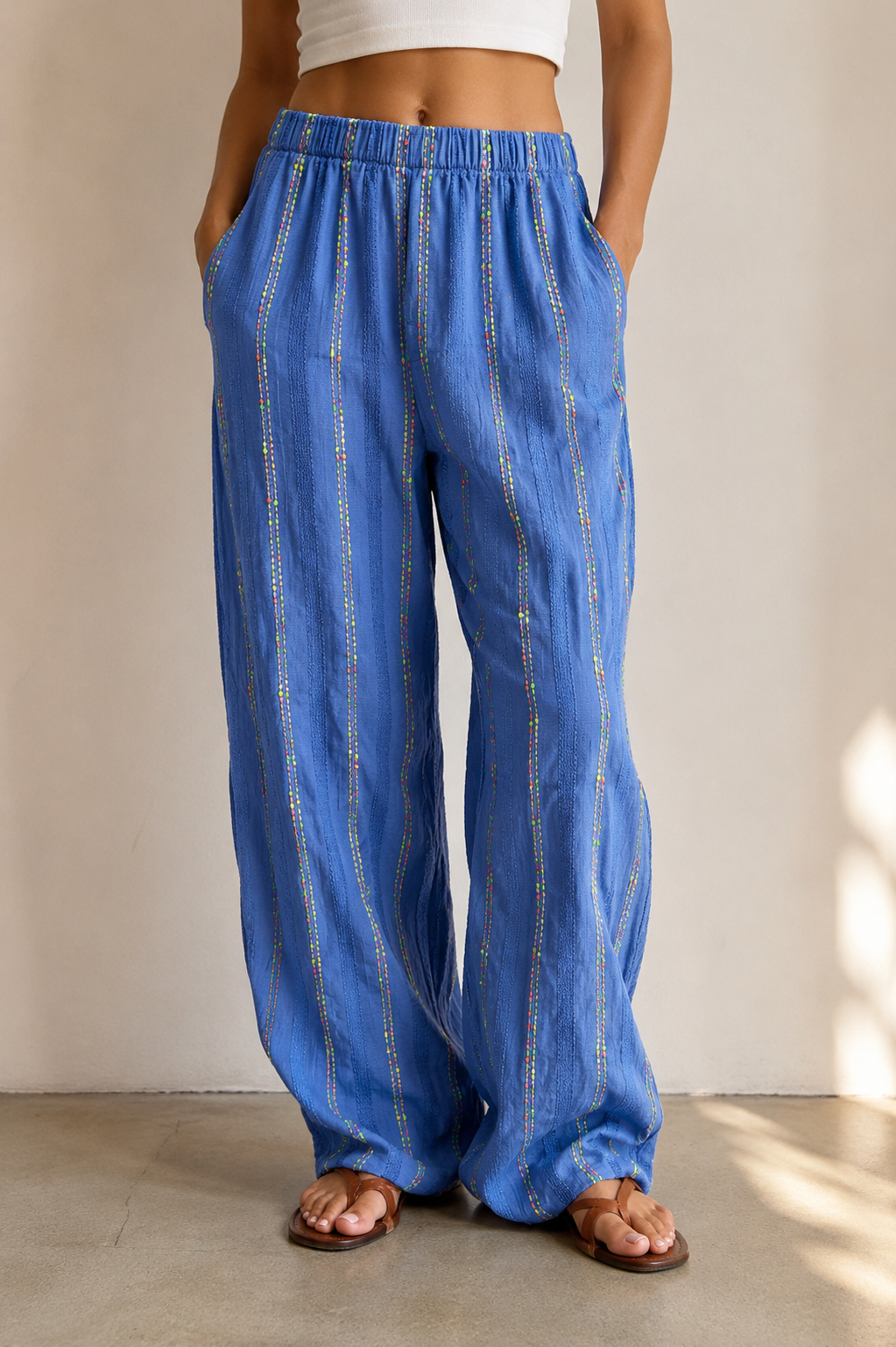 Blue Embellished Neon Stripe Linen Blend Wide Leg Trousers