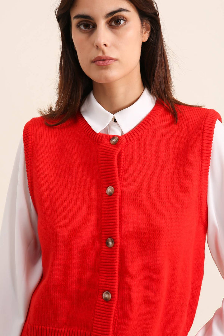 Wool Blend Button Through Red Sleeveless Waistcoat