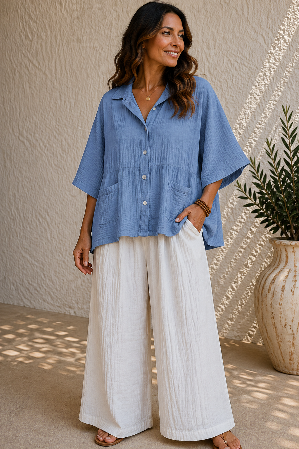 Baby Blue Crinkle Button-Through Relaxed Cotton Shirt