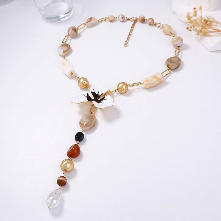 Exotic Flower &amp; Mixed Bead Long Drop Necklace