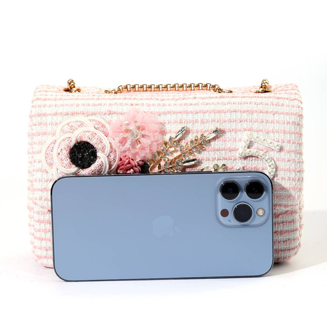 Pink Embelished Flower 5 Tweed Bag