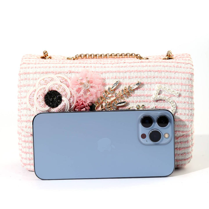 Pink Embelished Flower 5 Tweed Bag