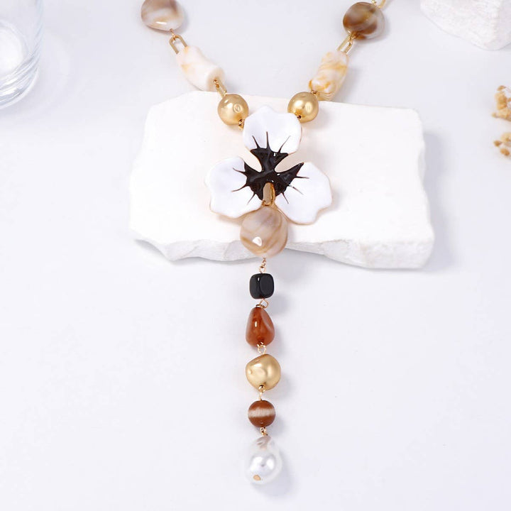Exotic Flower &amp; Mixed Bead Long Drop Necklace