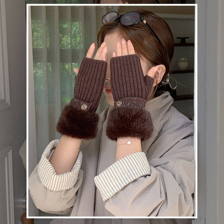 Chocolate Faux Fur Knit Fingerless Button Gloves