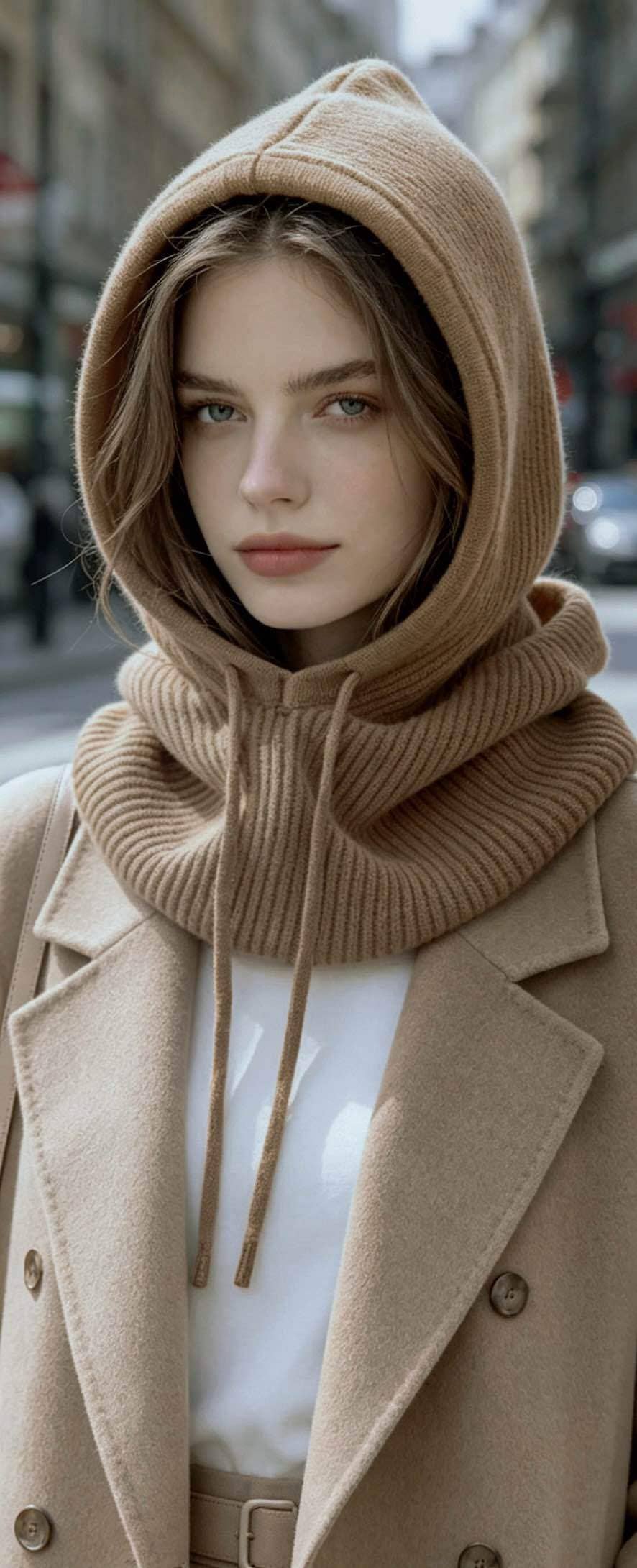 Camel Knitted Hood with Drawstrings