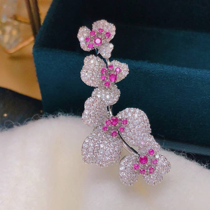 Sparkling Orchid Broach with Diamonds & Rubies in Silver