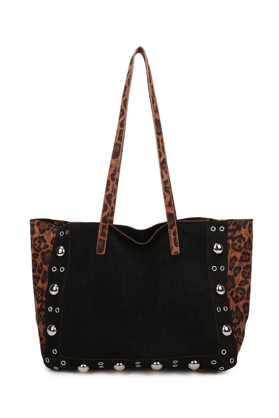 Leopard & Black Suede Studded Tote Bag