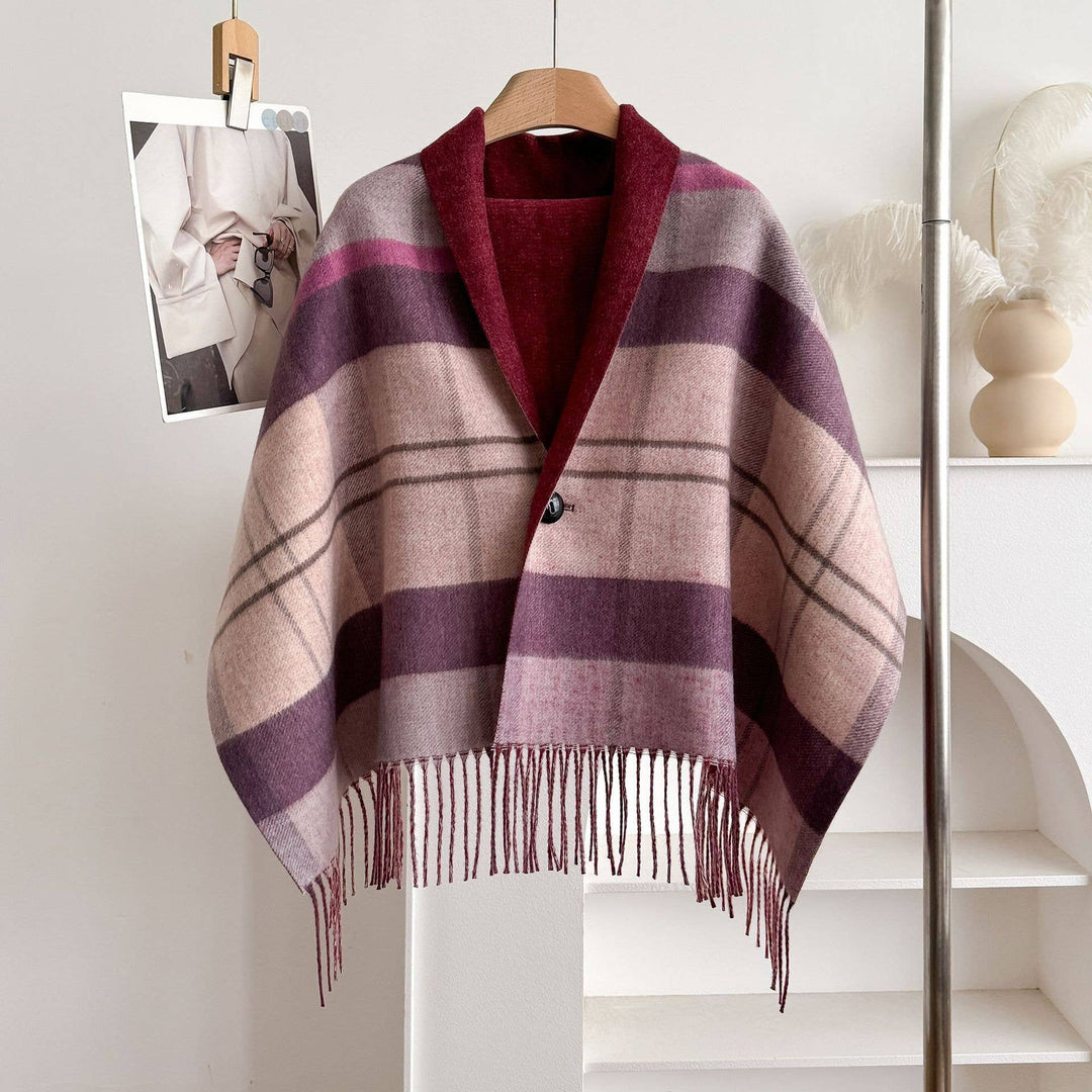 Bergundy &amp; Pink Plaid Fringe Poncho Cape Wrap