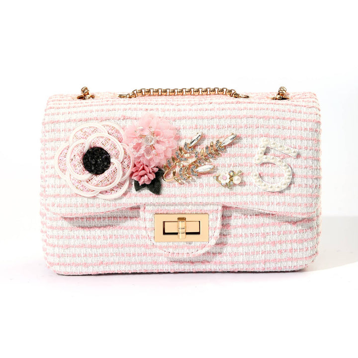 Pink Embelished Flower 5 Tweed Bag