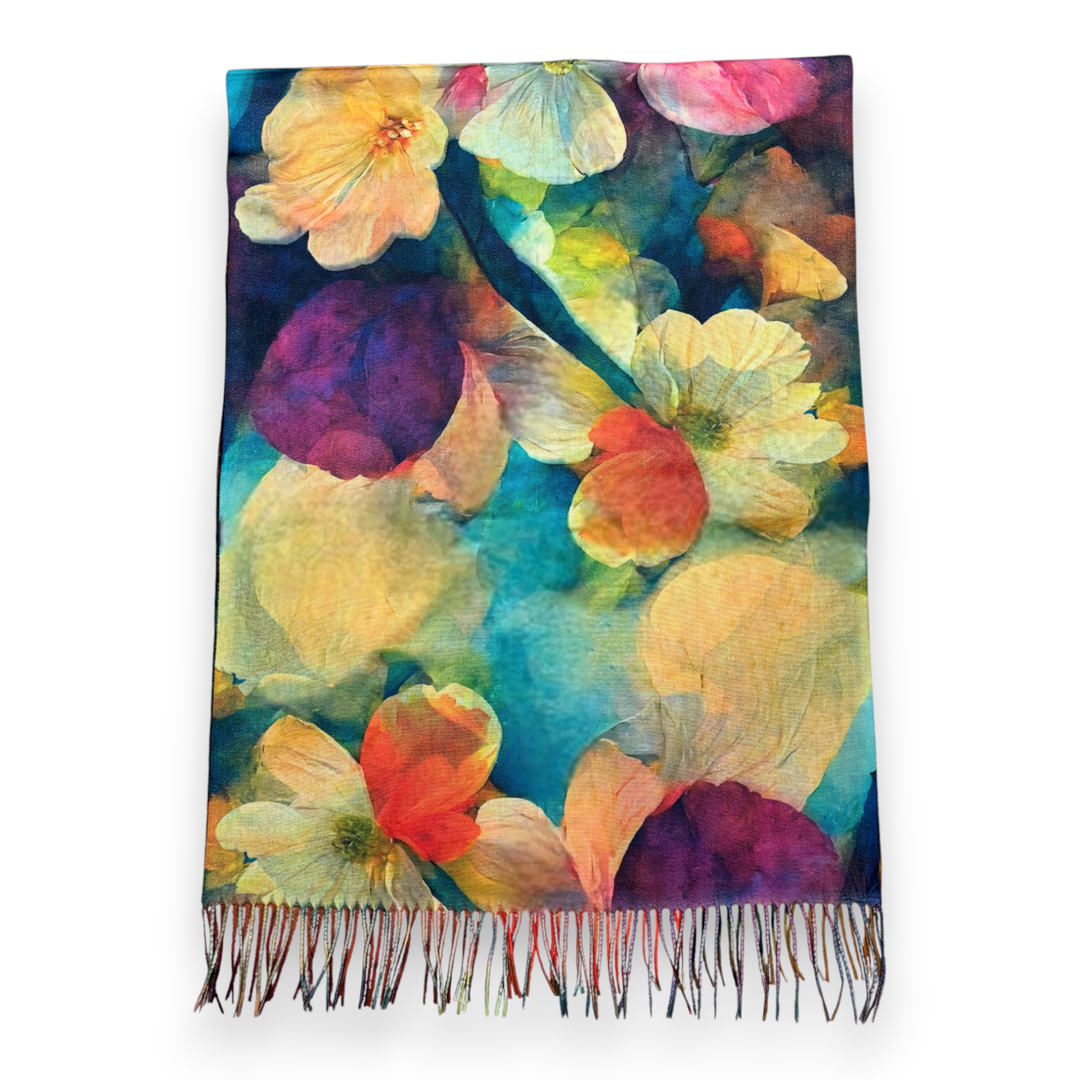 Jewel Tone Big Flower Wool Blend Digital Print Scarf