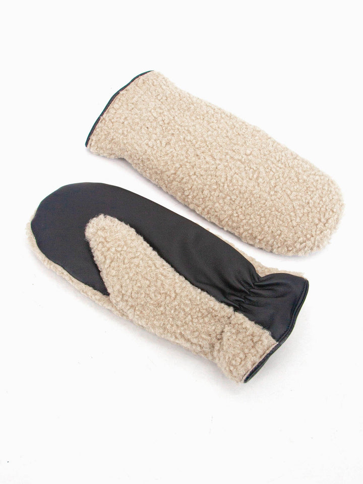 Beige & Black Faux Shearling Mitten Gloves
