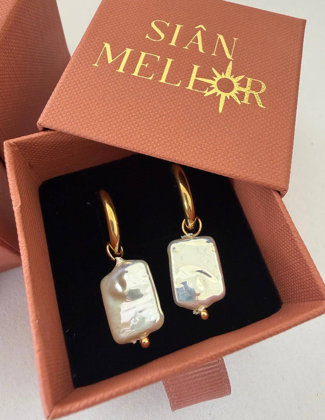 Pearl Rectangle Drop 18k Gold Plated Hoop Earrings