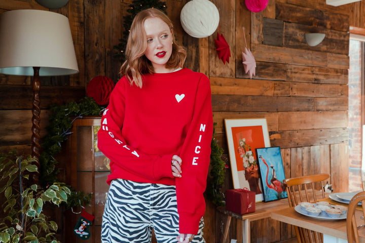 Red Naughty or Nice Sleeve Christmas Jumper