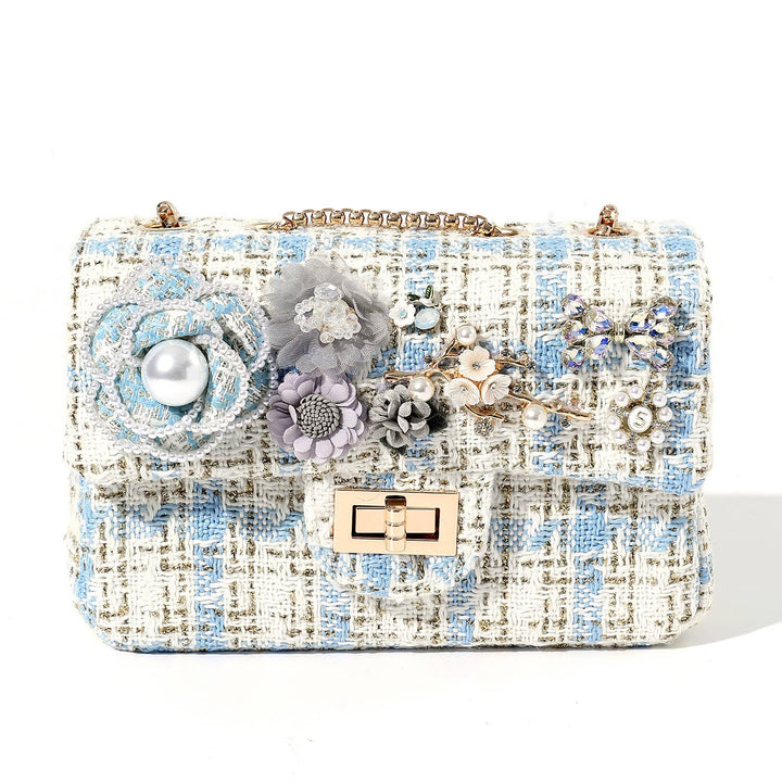 Blue &amp; White Tweed Bag with Pearl and Flowers Accents