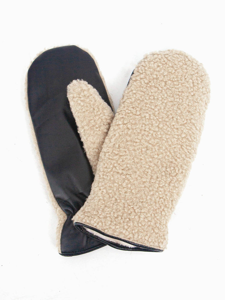 Beige & Black Faux Shearling Mitten Gloves